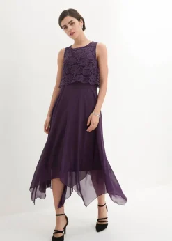 bonprix Kleider|Festliche Mode^Premium Chiffonkleid mit Spitze dunkellila