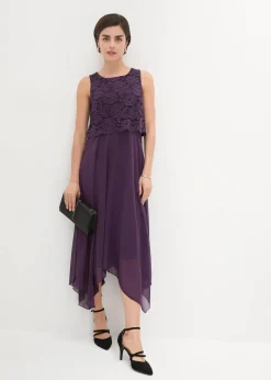 bonprix Kleider|Festliche Mode^Premium Chiffonkleid mit Spitze dunkellila