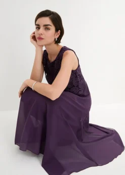 bonprix Kleider|Festliche Mode^Premium Chiffonkleid mit Spitze dunkellila