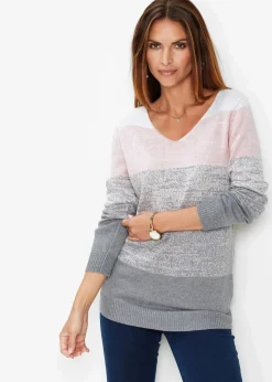 bonprix Bekleidung·Umstandsmode|Bekleidung·Jeans^Premium Pullover mit Cashmere-Anteil zartrosa/grau meliert gestreift