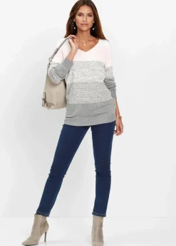 bonprix Bekleidung·Umstandsmode|Bekleidung·Jeans^Premium Pullover mit Cashmere-Anteil zartrosa/grau meliert gestreift