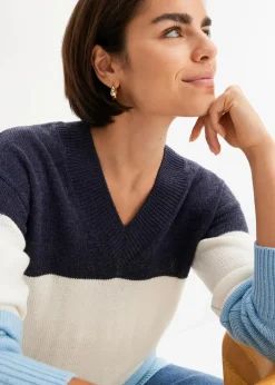 bonprix Bekleidung·Umstandsmode|Pullover & Strickjacken^Pullover wollweiß/dunkelblau/topazblau gestreift