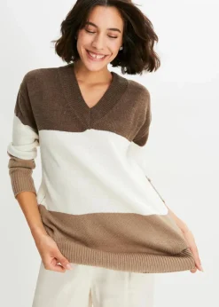 bonprix Bekleidung·Umstandsmode|Pullover & Strickjacken^Pullover taupe/weiß/braun gestreift
