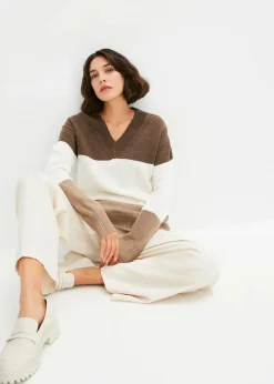 bonprix Bekleidung·Umstandsmode|Pullover & Strickjacken^Pullover taupe/weiß/braun gestreift