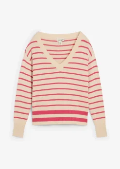 bonprix Bekleidung·Umstandsmode|Bekleidung·Jeans^Pullover aus Baumwollmix mediumpink/kieselbeige gestreift