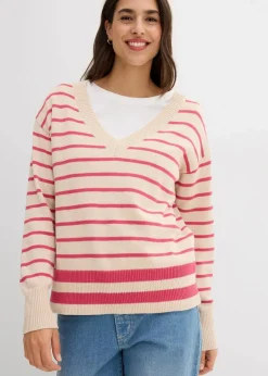 bonprix Bekleidung·Umstandsmode|Bekleidung·Jeans^Pullover aus Baumwollmix mediumpink/kieselbeige gestreift