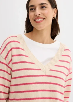 bonprix Bekleidung·Umstandsmode|Bekleidung·Jeans^Pullover aus Baumwollmix mediumpink/kieselbeige gestreift