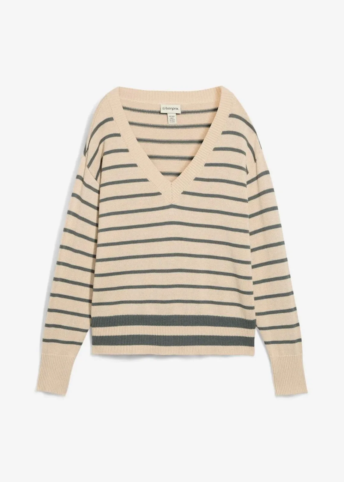 bonprix Pullover & Strickjacken|Strickmode^Pullover aus Baumwollmix eukalyptusgrün/kieselbeige gestreift