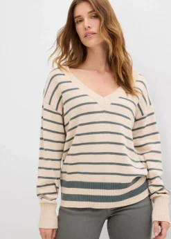 bonprix Pullover & Strickjacken|Strickmode^Pullover aus Baumwollmix eukalyptusgrün/kieselbeige gestreift