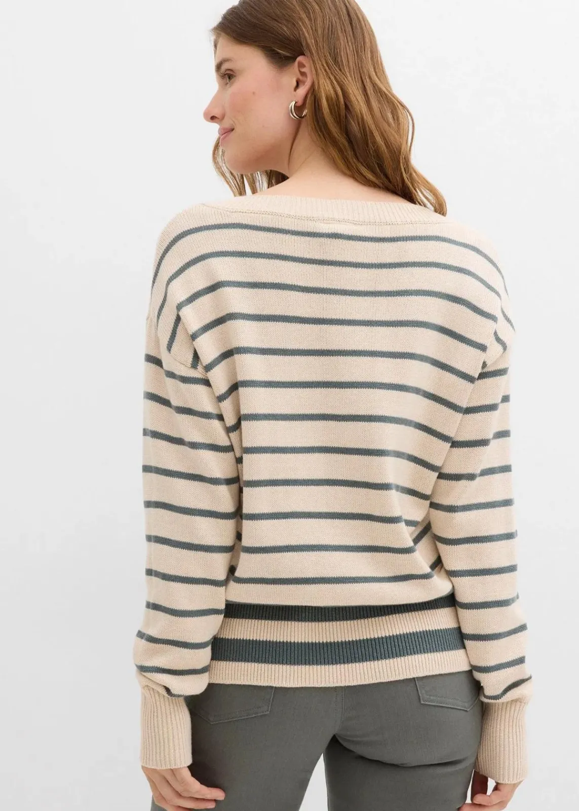 bonprix Pullover & Strickjacken|Strickmode^Pullover aus Baumwollmix eukalyptusgrün/kieselbeige gestreift