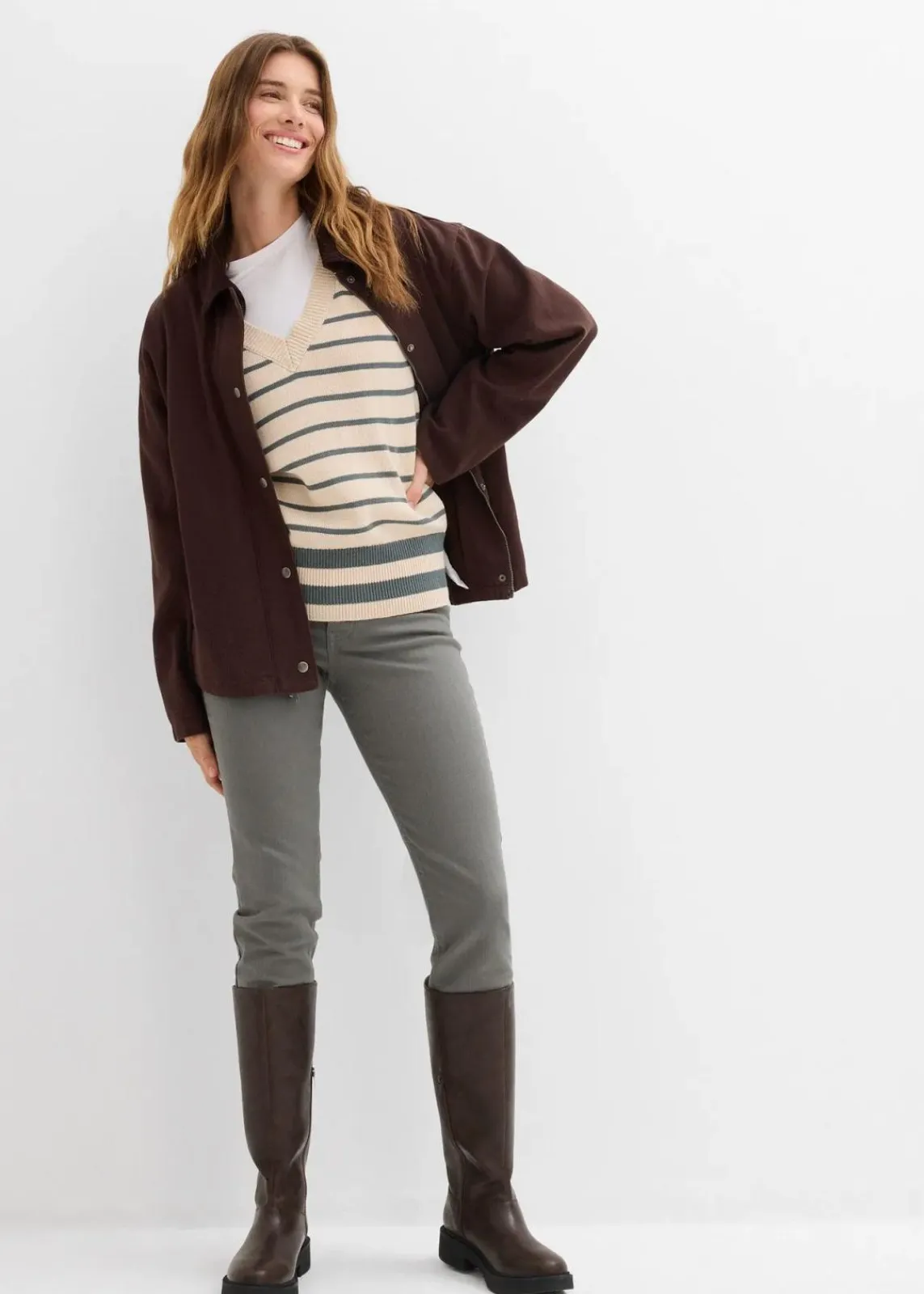 bonprix Pullover & Strickjacken|Strickmode^Pullover aus Baumwollmix eukalyptusgrün/kieselbeige gestreift