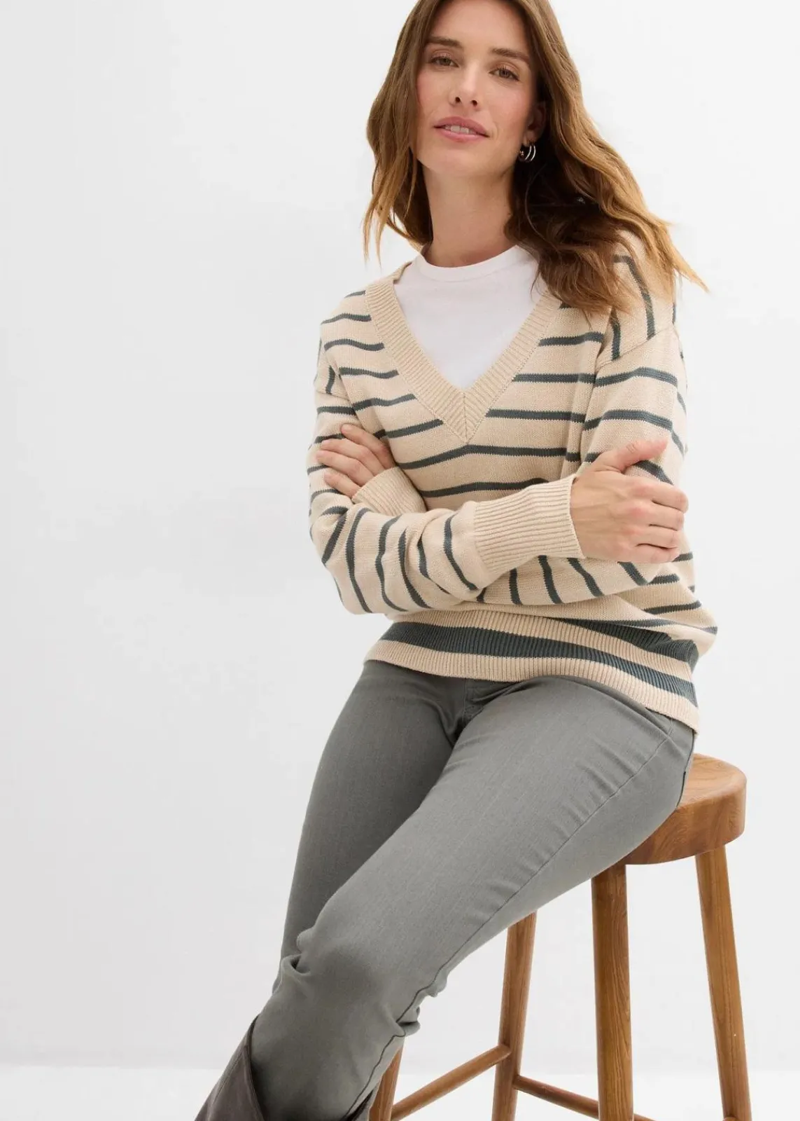 bonprix Pullover & Strickjacken|Strickmode^Pullover aus Baumwollmix eukalyptusgrün/kieselbeige gestreift