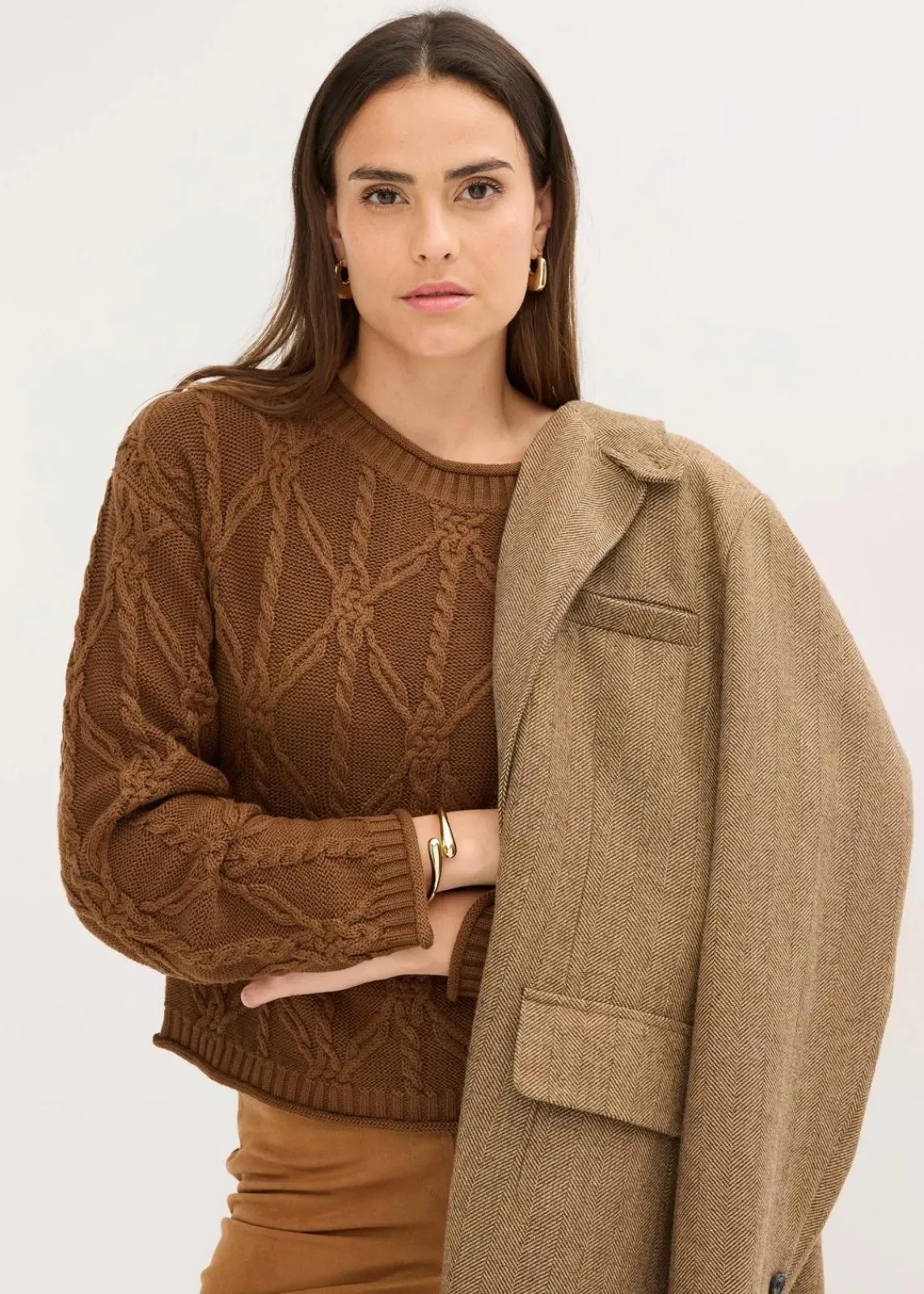 bonprix Pullover & Strickjacken|Strickmode^Pullover mit Baumwollanteil pimentbraun