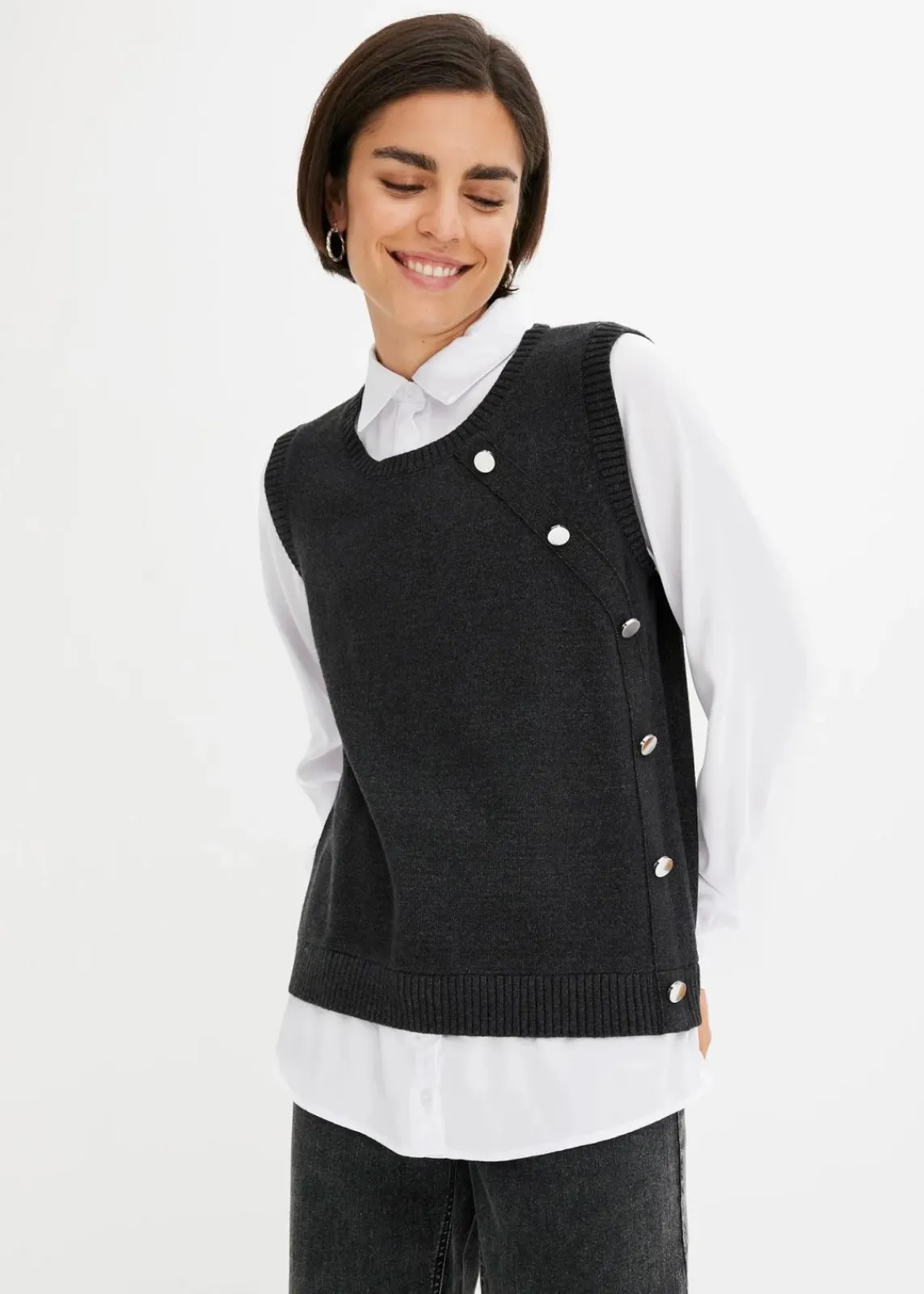 bonprix Bekleidung·Umstandsmode|Bekleidung·Jeans^Pullover mit Blusen-Einsatz anthrazit meliert
