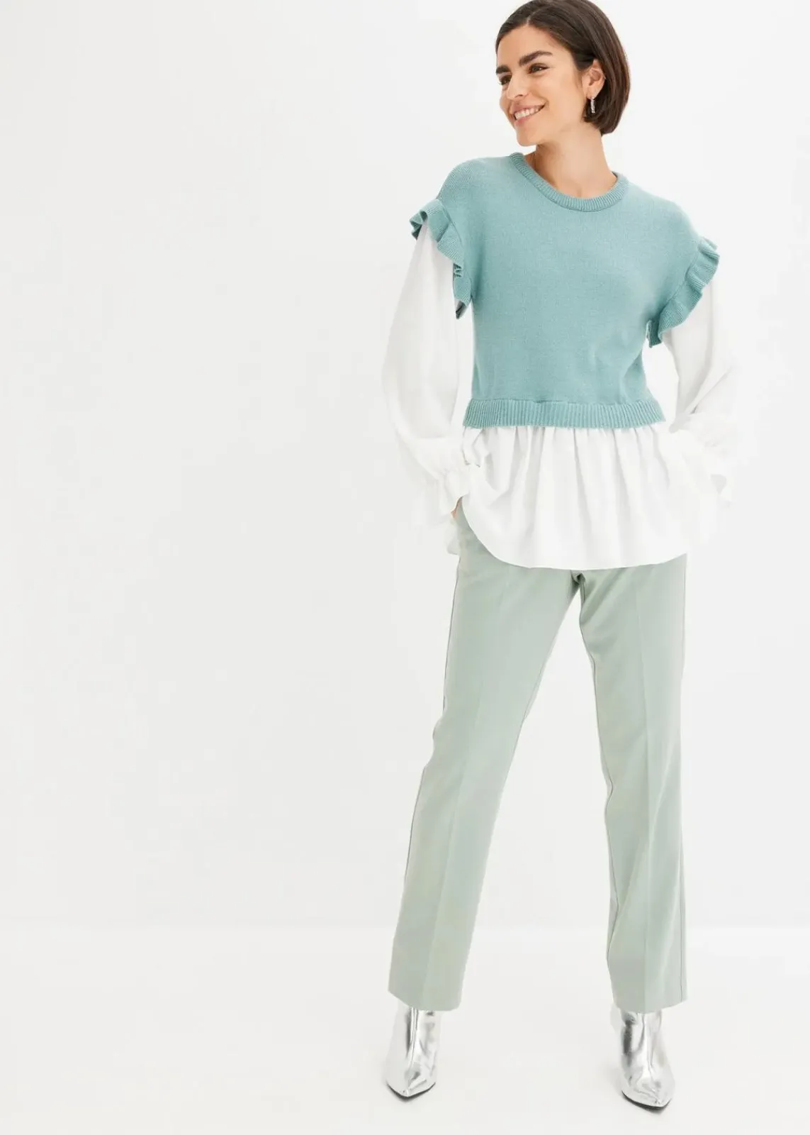 bonprix Bekleidung·Umstandsmode|Bekleidung·Jeans^Pullover mit Blusen-Einsatz mint meliert
