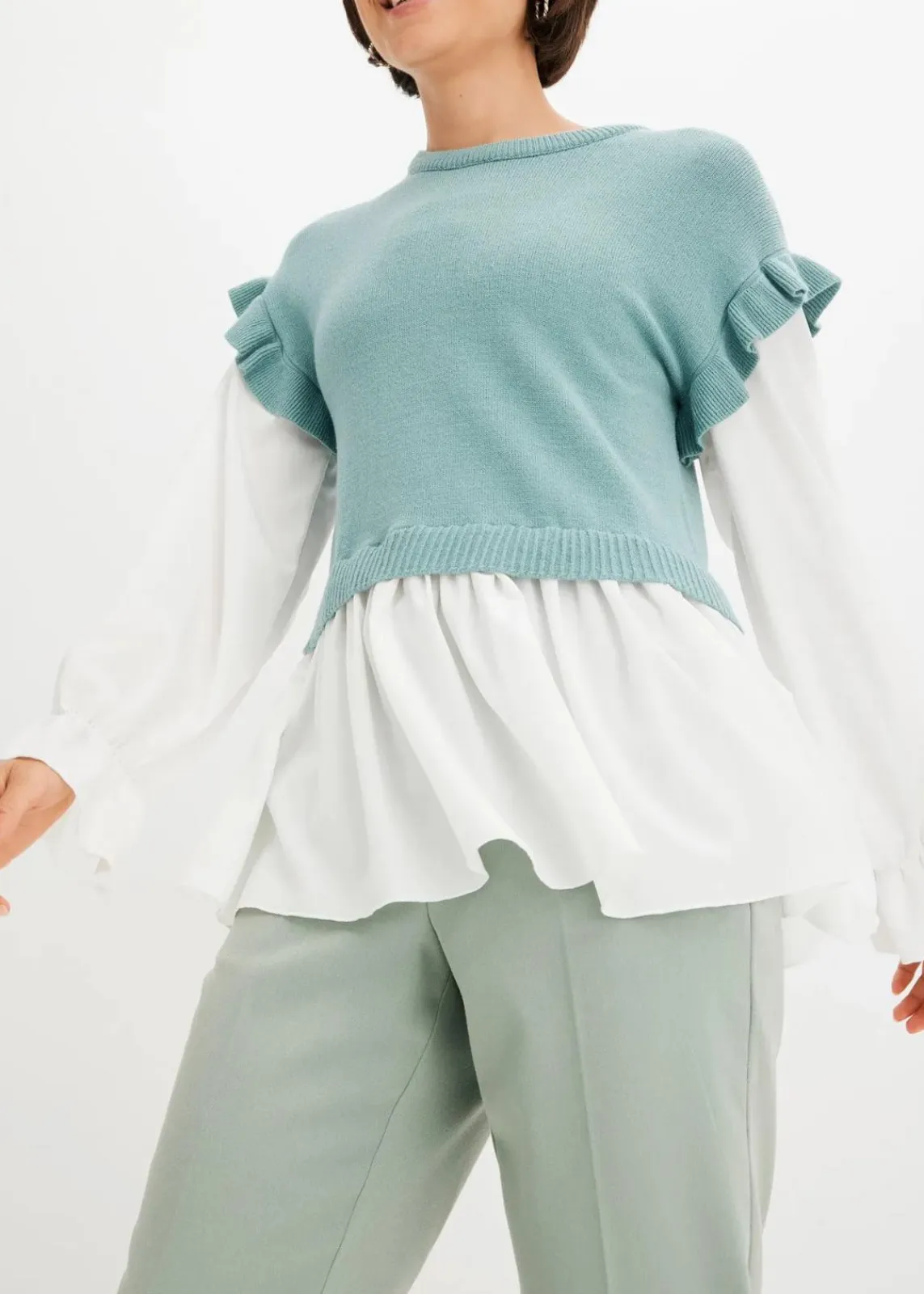 bonprix Bekleidung·Umstandsmode|Bekleidung·Jeans^Pullover mit Blusen-Einsatz mint meliert