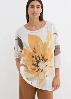 bonprix Strickmode|Pullover & Strickjacken^Pullover mit floralem Druck wollweiß/dunkelgelb floral