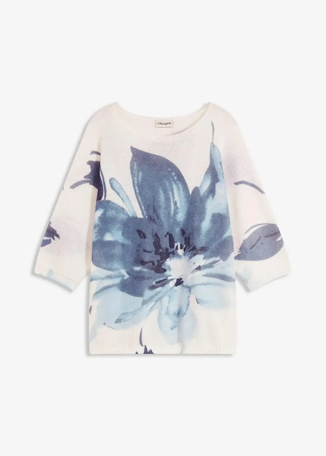bonprix Strickmode|Pullover & Strickjacken^Pullover mit floralem Druck wollweiß/jeansblau/dunkelblau floral