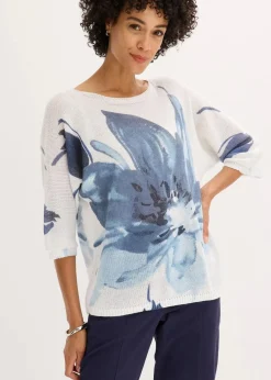 bonprix Strickmode|Pullover & Strickjacken^Pullover mit floralem Druck wollweiß/jeansblau/dunkelblau floral