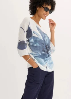 bonprix Strickmode|Pullover & Strickjacken^Pullover mit floralem Druck wollweiß/jeansblau/dunkelblau floral