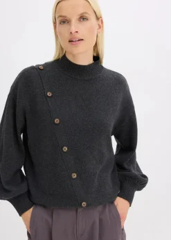 bonprix Strickmode|Pullover & Strickjacken^Pullover mit Knopfleiste anthrazitmeliert