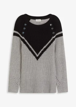 bonprix Bekleidung·Umstandsmode|Strickmode^Pullover mit Knöpfen grau meliert/schwarz
