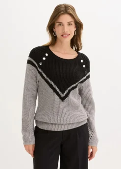 bonprix Bekleidung·Umstandsmode|Strickmode^Pullover mit Knöpfen grau meliert/schwarz