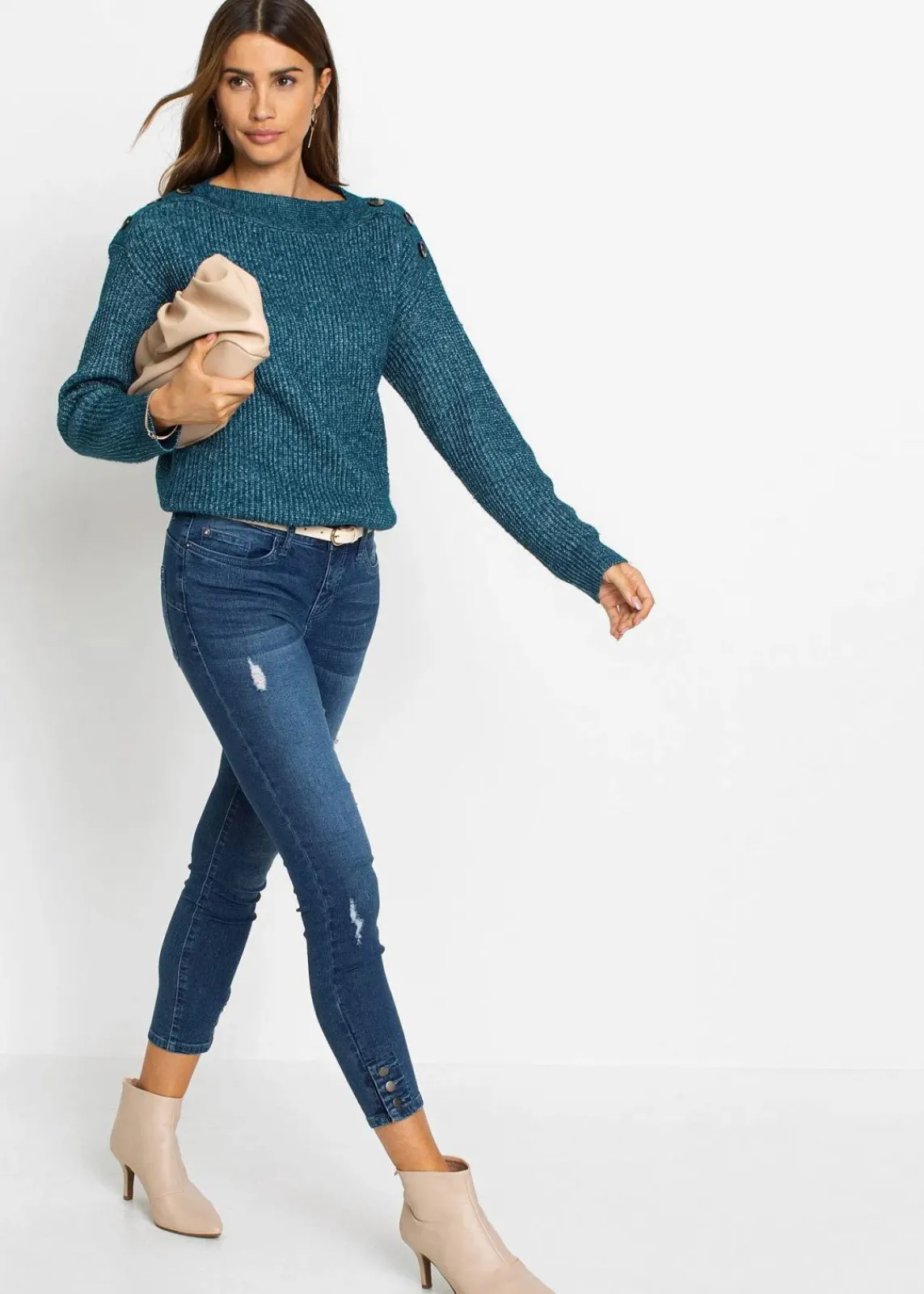 bonprix Pullover & Strickjacken|Bekleidung·Jeans^Pullover mit Knöpfen blaupetrol meliert
