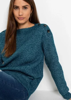 bonprix Pullover & Strickjacken|Bekleidung·Jeans^Pullover mit Knöpfen blaupetrol meliert