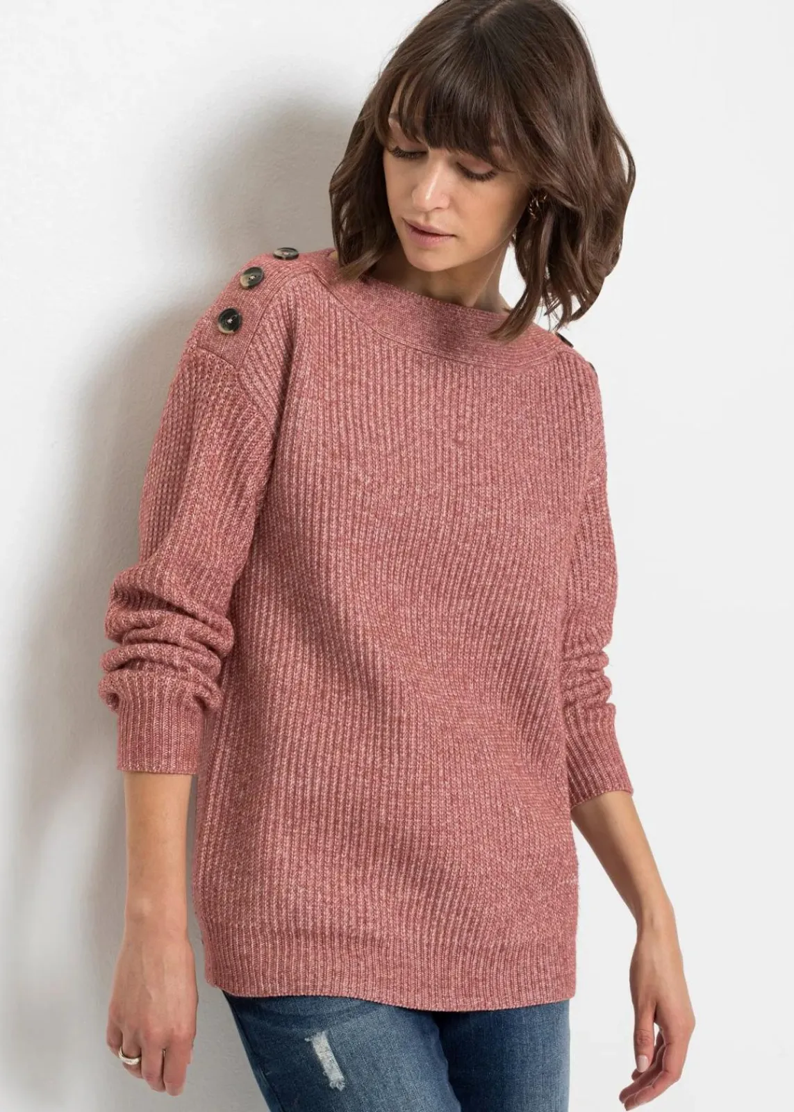 bonprix Pullover & Strickjacken|Bekleidung·Jeans^Pullover mit Knöpfen dunkelrosa meliert