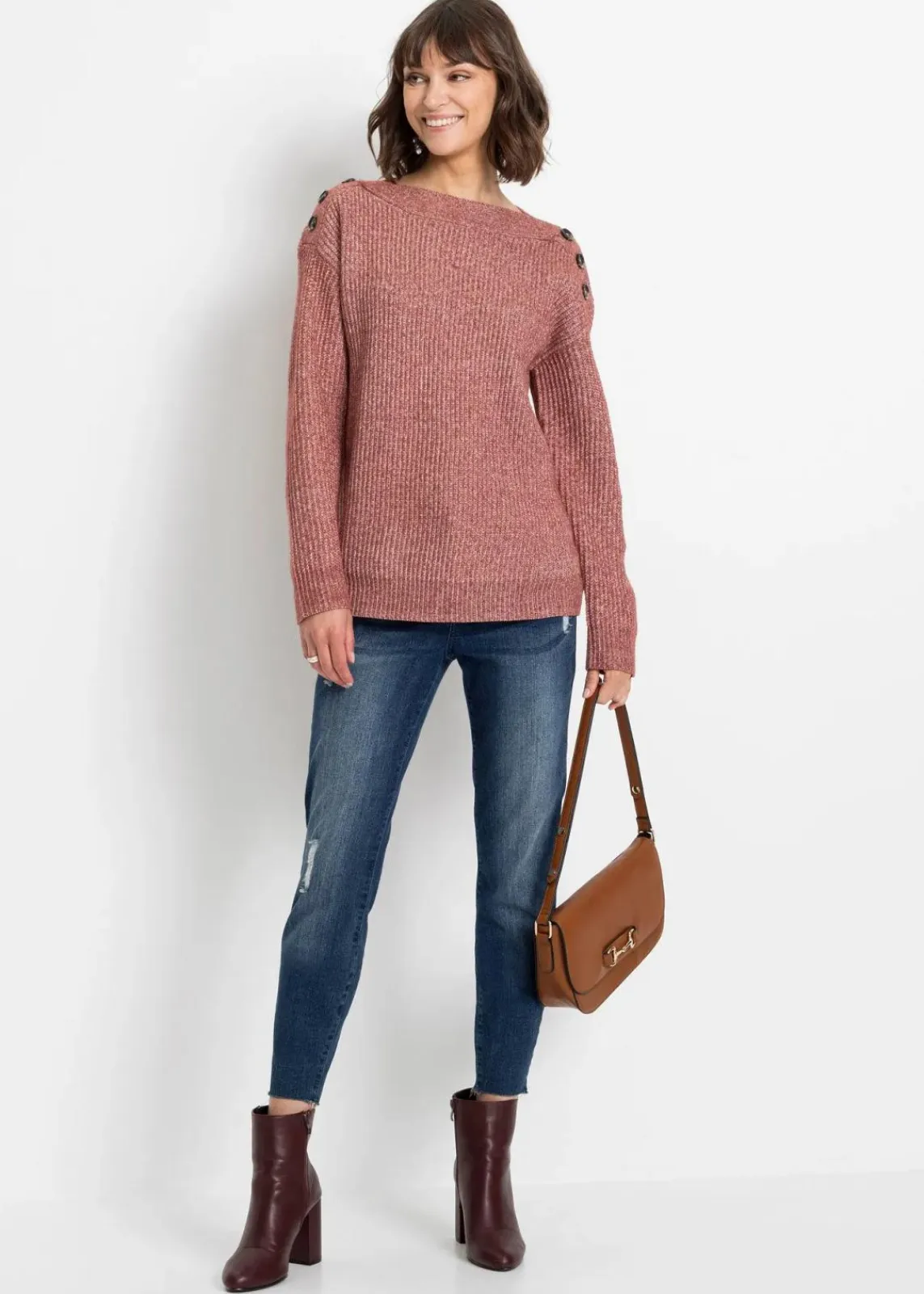 bonprix Pullover & Strickjacken|Bekleidung·Jeans^Pullover mit Knöpfen dunkelrosa meliert