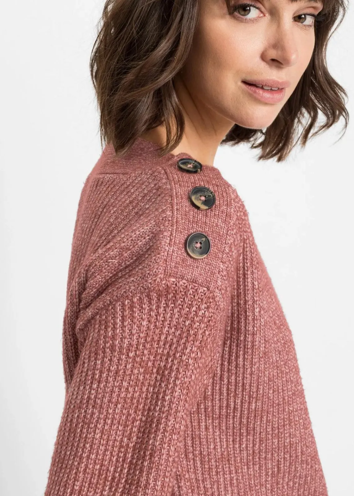 bonprix Pullover & Strickjacken|Bekleidung·Jeans^Pullover mit Knöpfen dunkelrosa meliert