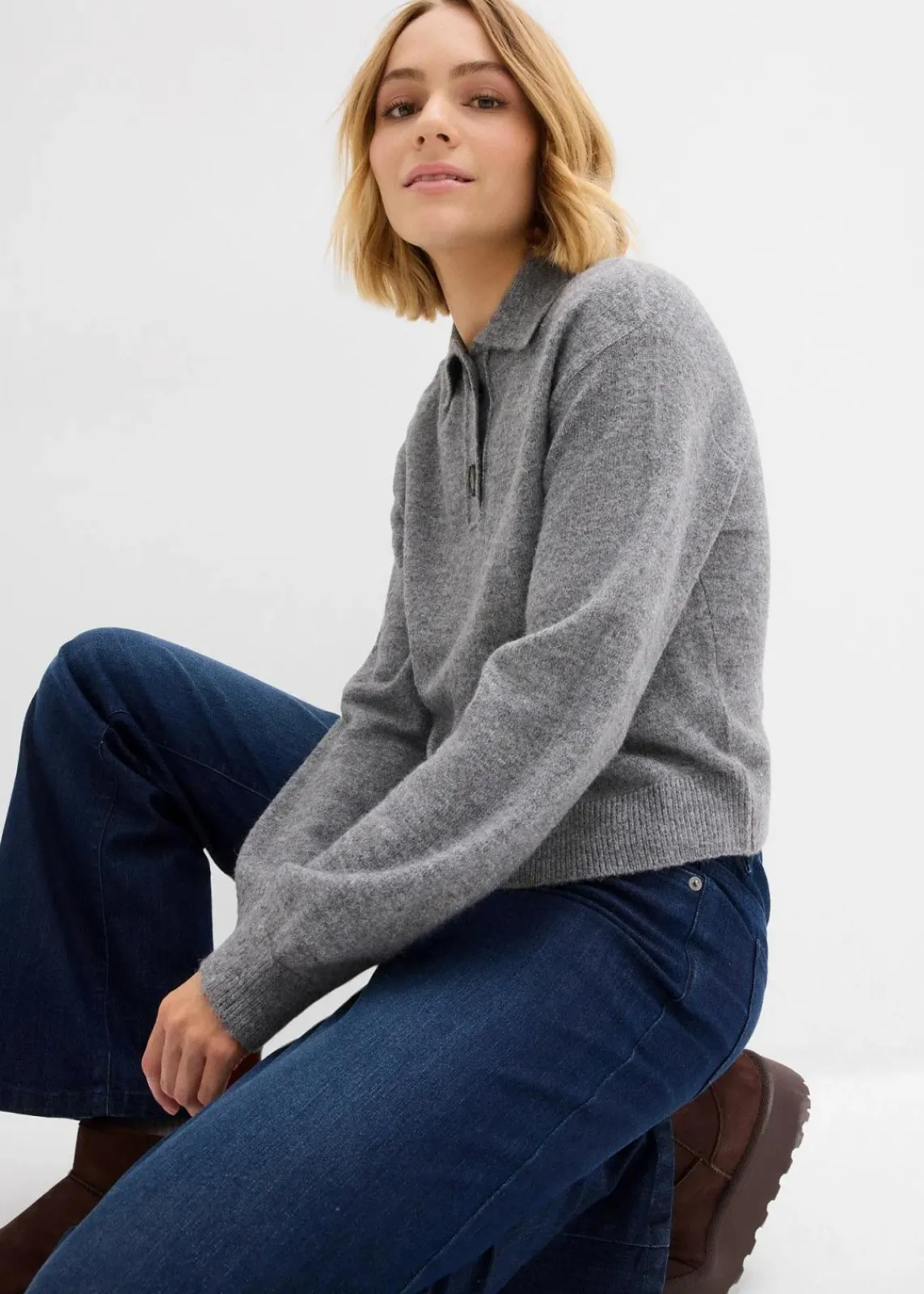 bonprix Bekleidung·Umstandsmode|Strickmode^Pullover mit Kragen grau meliert