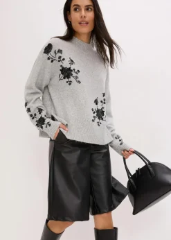 bonprix Bekleidung·Umstandsmode|Pullover & Strickjacken^Pullover mit Pailettenstickerei hellgrau meliert/anthrazit