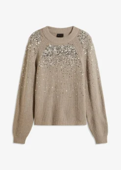 bonprix Pullover & Strickjacken|Bekleidung·Jeans^Pullover mit Pailletten naturstein/silber