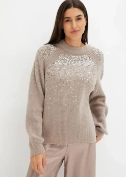 bonprix Pullover & Strickjacken|Bekleidung·Jeans^Pullover mit Pailletten naturstein/silber