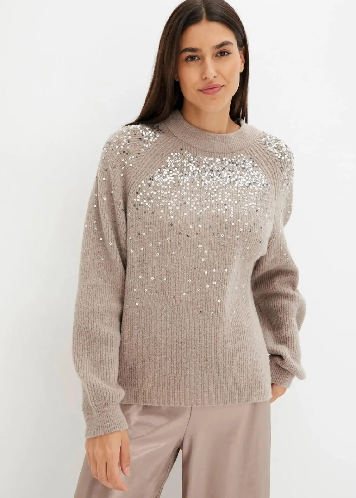 bonprix Pullover & Strickjacken|Bekleidung·Jeans^Pullover mit Pailletten naturstein/silber