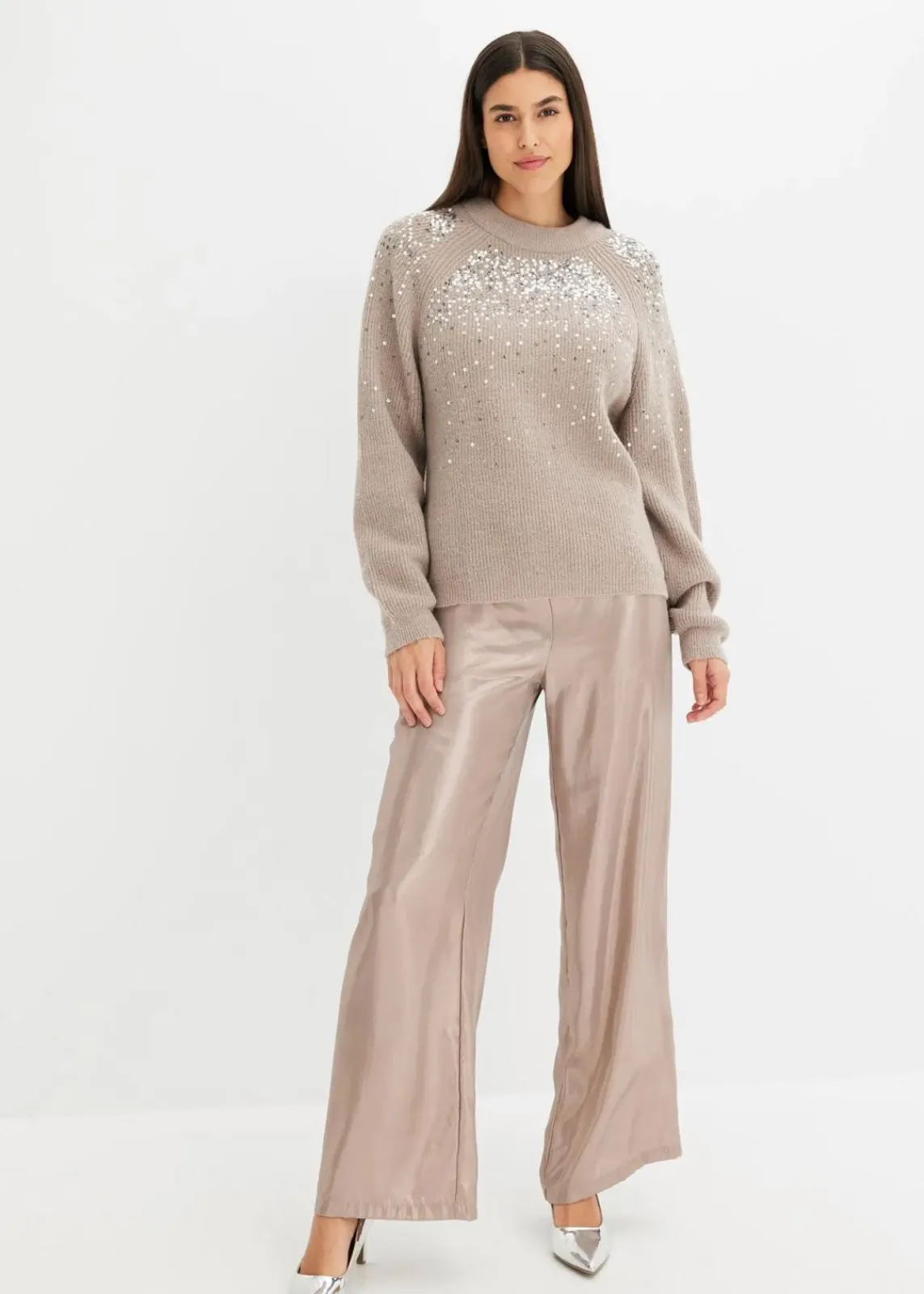 bonprix Pullover & Strickjacken|Bekleidung·Jeans^Pullover mit Pailletten naturstein/silber