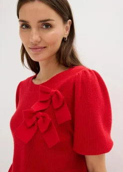 bonprix Pullover & Strickjacken|Strickmode^Pullover mit Schleifen-Applikation salsarot
