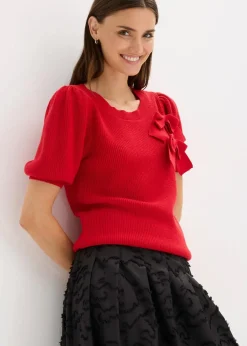 bonprix Pullover & Strickjacken|Strickmode^Pullover mit Schleifen-Applikation salsarot
