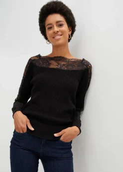 bonprix Strickmode|Pullover & Strickjacken^Pullover mit Spitze schwarz