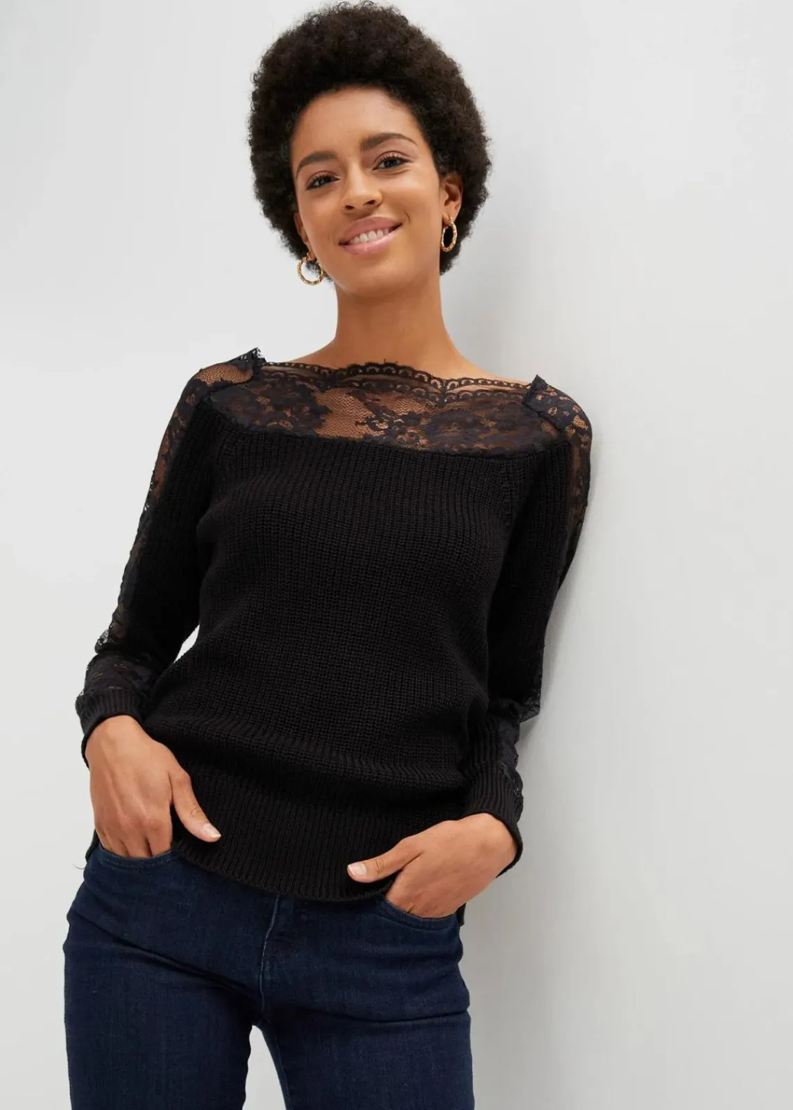 bonprix Strickmode|Pullover & Strickjacken^Pullover mit Spitze schwarz