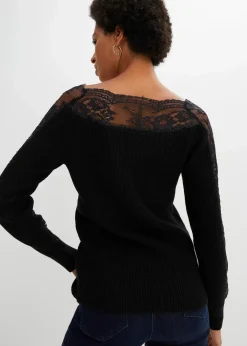 bonprix Strickmode|Pullover & Strickjacken^Pullover mit Spitze schwarz
