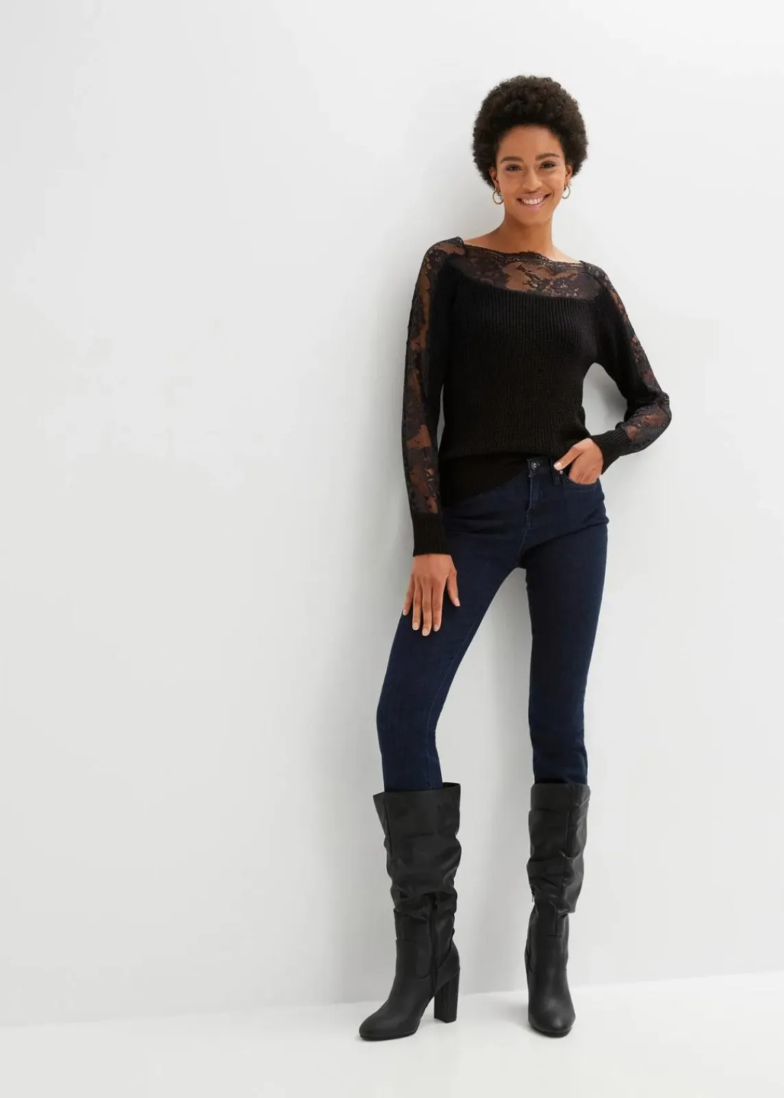 bonprix Strickmode|Pullover & Strickjacken^Pullover mit Spitze schwarz