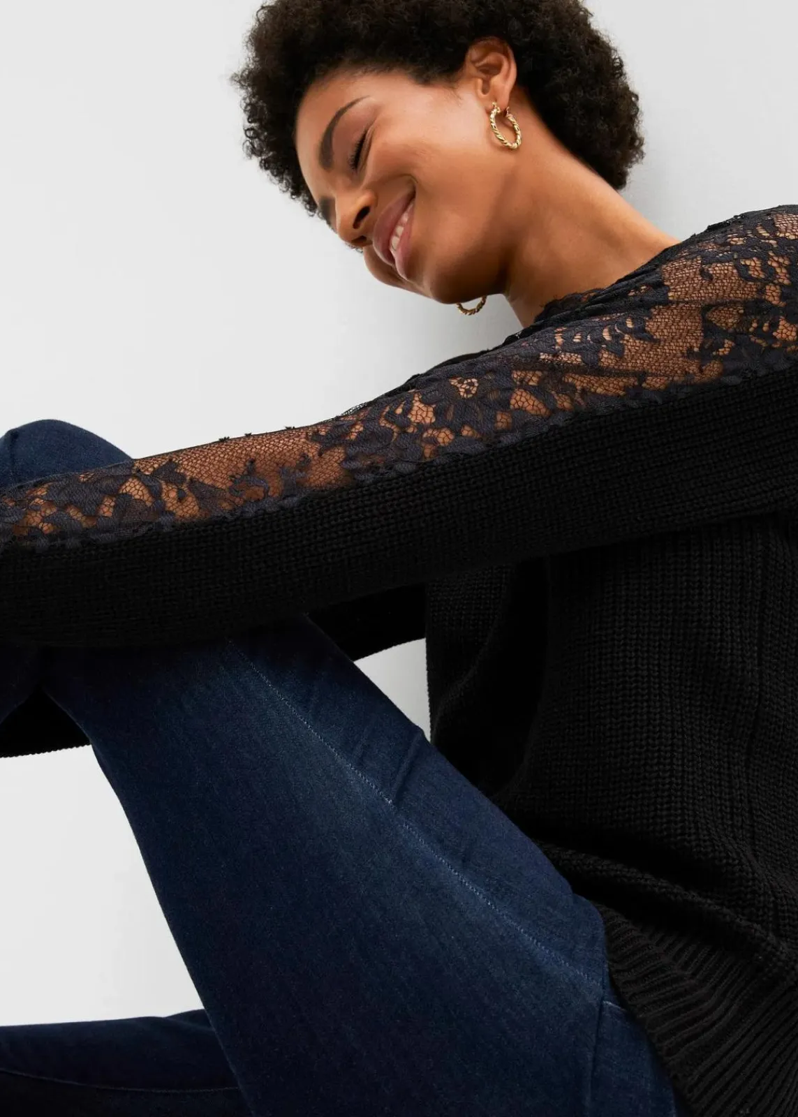 bonprix Strickmode|Pullover & Strickjacken^Pullover mit Spitze schwarz