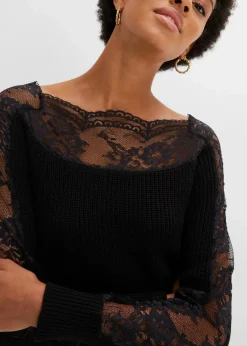 bonprix Strickmode|Pullover & Strickjacken^Pullover mit Spitze schwarz