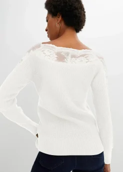 bonprix Strickmode|Pullover & Strickjacken^Pullover mit Spitze wollweiß