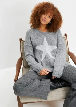 bonprix Pullover & Strickjacken|Strickmode^Pullover mit Stern grau meliert