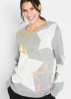 bonprix Bekleidung·Umstandsmode|Bekleidung·Jeans^Pullover mit Sternendruck hellgrau meliert bedruckt