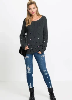 bonprix Bekleidung·Umstandsmode|Bekleidung·Jeans^Pullover mit Stickerei anthrazit bedruckt